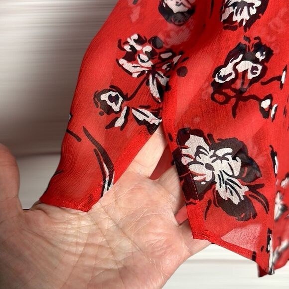 NWOT Veronica Beard Silk Blouse Red Floral Ruffle Trim Long Sleeve Top US 8 - Picture 7 of 16